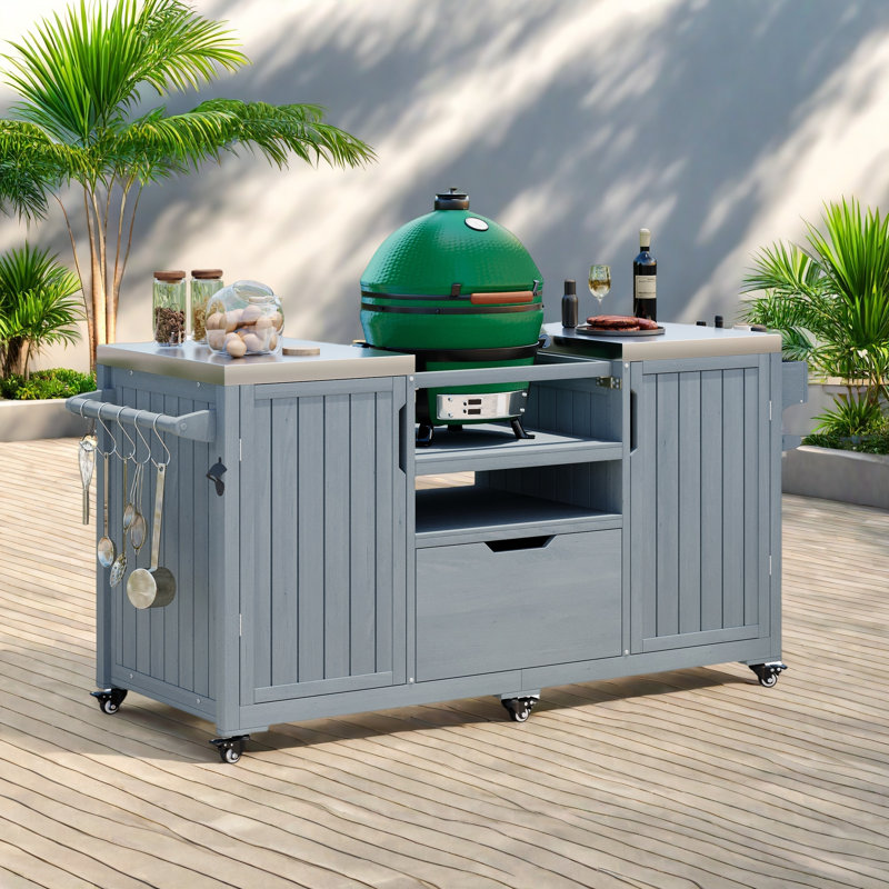 Outdoor Kitchen Island With Stainless Steel Top, 1 Drawer, Storage Shelves, Sturdy Spice Rack, Paper Towel Rack, 5 S-hook Hangers, And A Bottle Opener