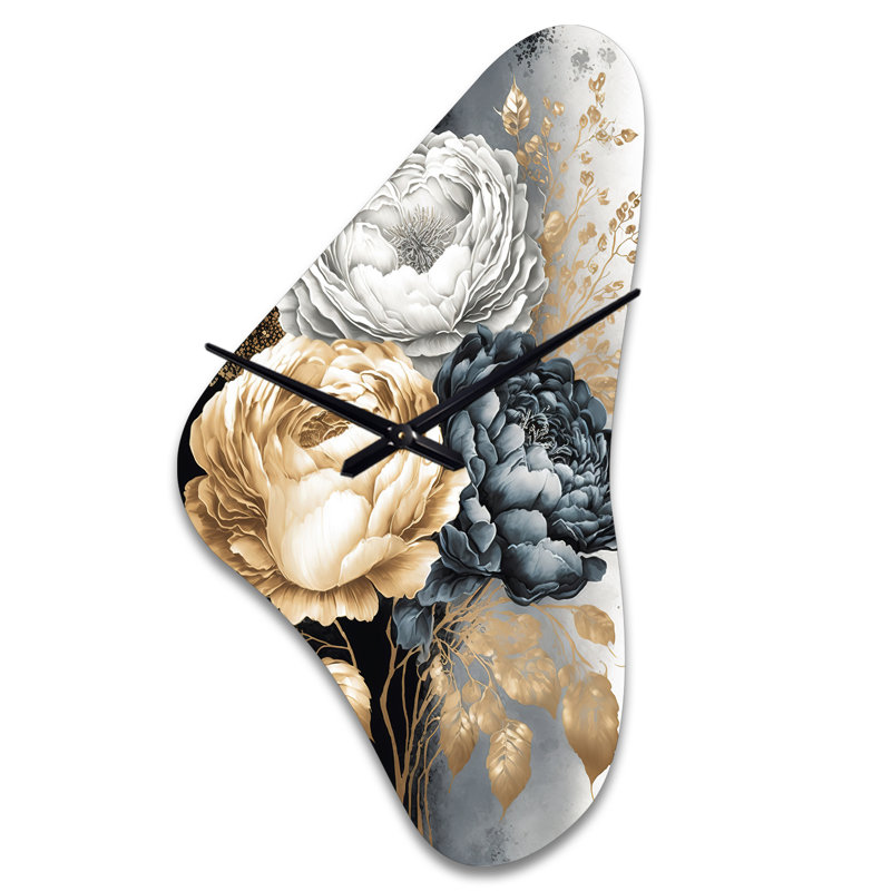 Horloge murale Koen blanche, dorée et noire avec bouquet de roses I - Rose, Médium
