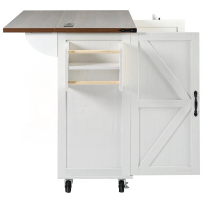 54.5" Farmhouse Kitchen Island with Power Outlet, Internal Storage Racks & Drop Leaf (White)