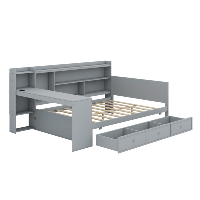 Lit de jour avec 3 tiroirs, ports USB et bureau, gris