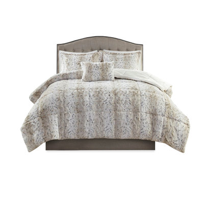 Soft Beige Brown Faux Fur Comforter King - 4pc , Lustre