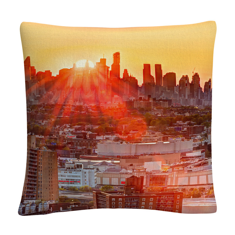 Midtown Sunset Orange Cityscape 16x16 Polyester Throw Pillow