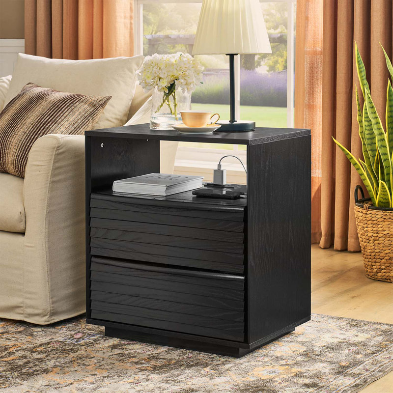 Modern nightstand with charging station,louver design,2 drawers,and open shelf, Noir