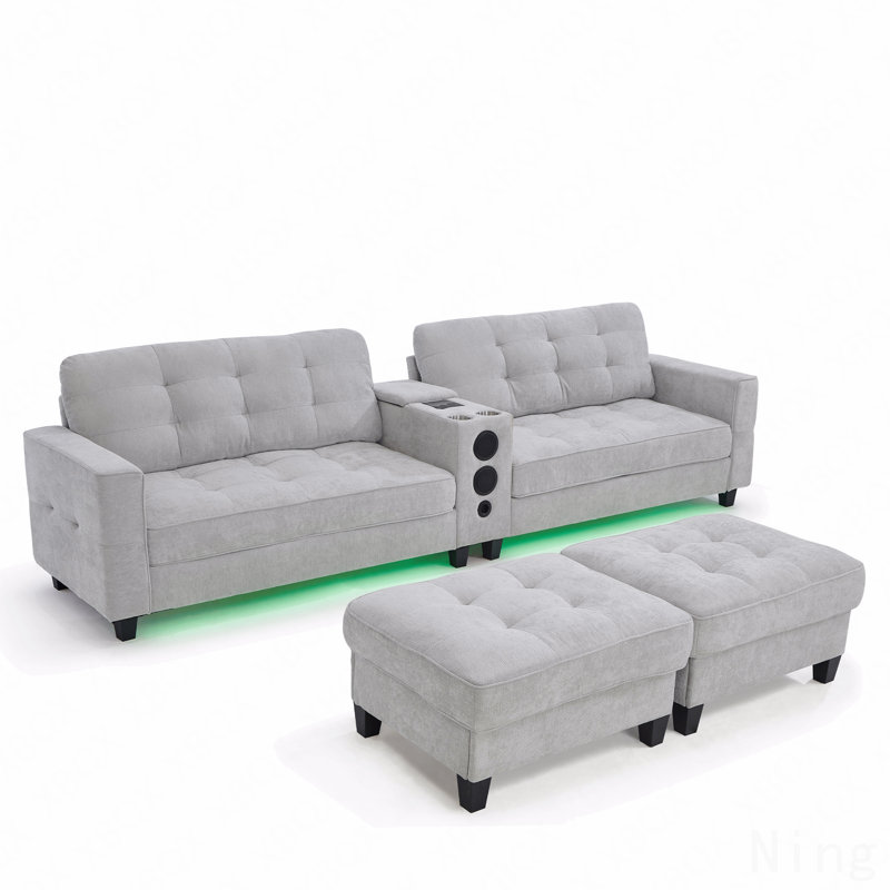 Modern Sectional Sofa 126" U-Shaped Sectional Sofa Modular Sectional Couch With Movable Storage Ottomans, Multifunctional Console, Bluetooth Speakers And Led Lights For Living Room, Light Grey