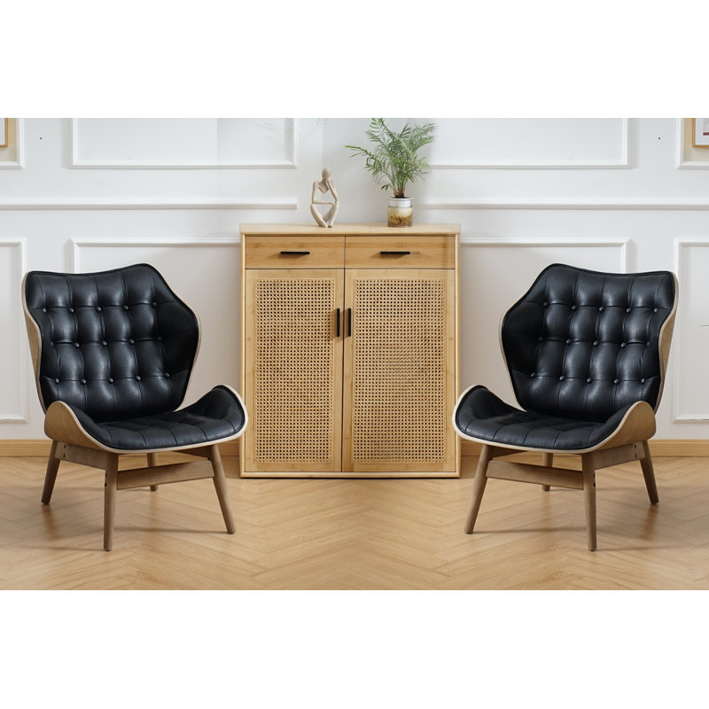 Fauteuil à oreilles capitonné Jeyshan, Similicuir noir