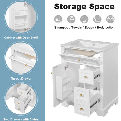 Meuble-lavabo blanc de 61 cm (24 po) avec lavabo encastré, structure en pin, 3 tiroirs, armoire à deux niveaux, style moderne pour petites salles de bain, facile à nettoyer.