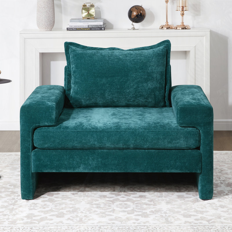 Arden Mid-Century Modern Chenille Upholstered Armchair With Wide Armrests And Oversized Cushions, Green