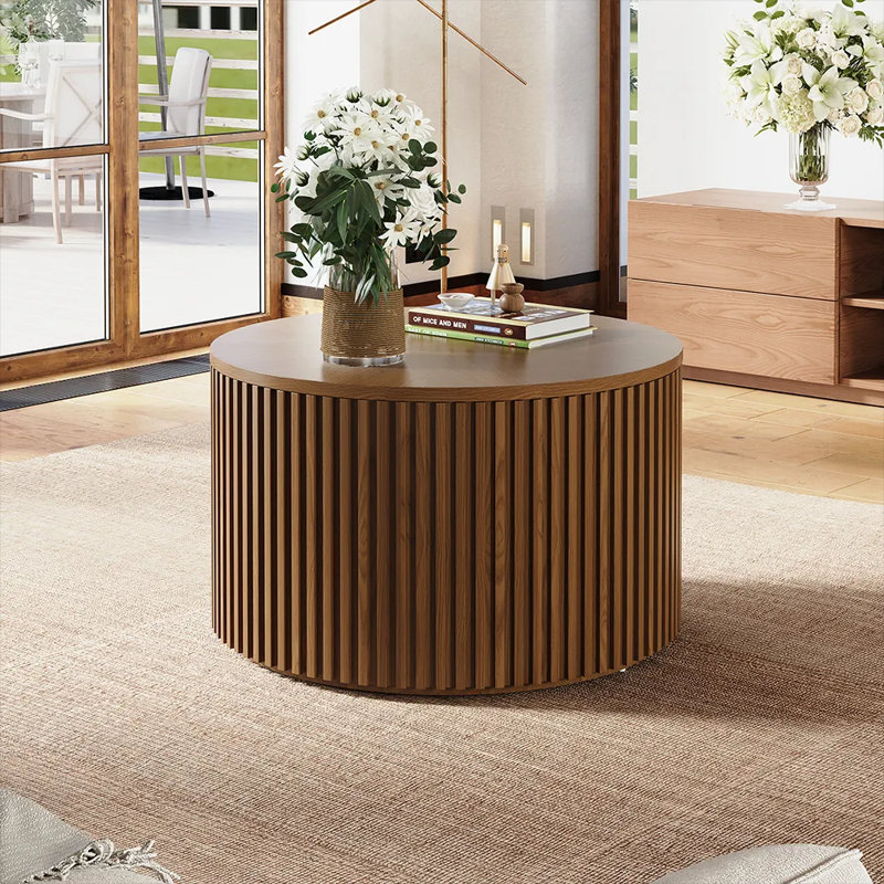 Silva - Lifting Top Round Coffee Table, Light Walnut, 17.72" H x 31.5" L x 31.5" W