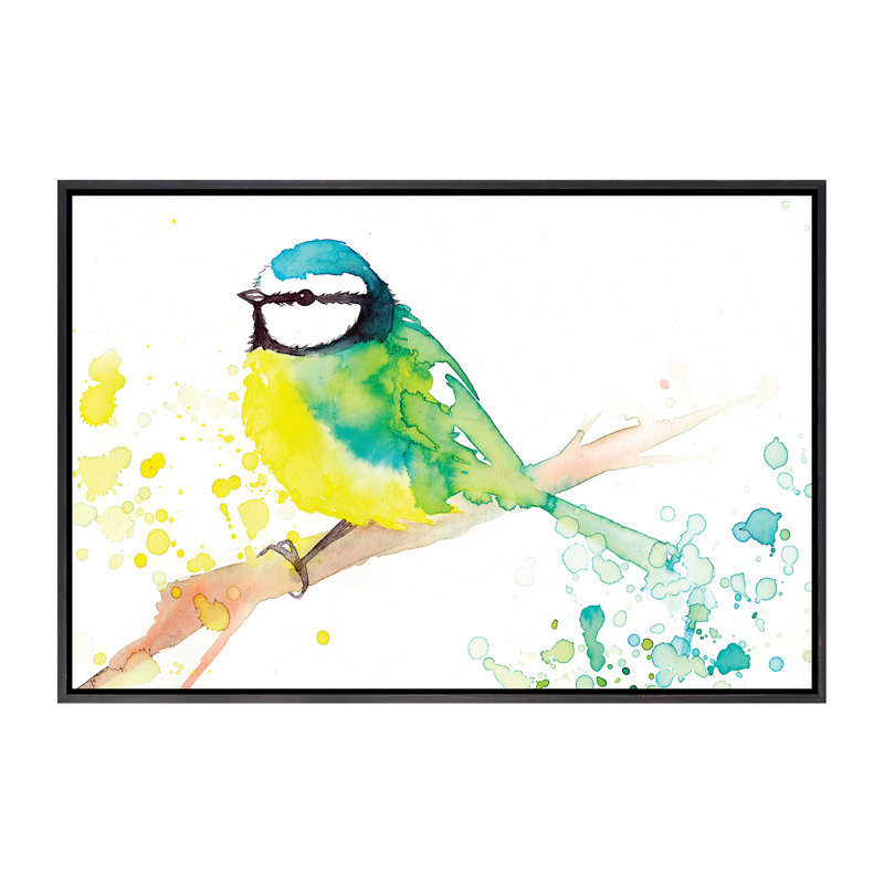 Oiseau vert - reproduction d'art, H 18 po x l 26 po x P 1,5 po, Toile avec cadre noir patiné, Pas de tapis