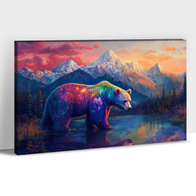 Ours, art mural sur toile, peinture vibrante de la faune, grizzly coloré, affiche, image de lac de montagne, œuvre d'art murale pour la maison, salon, chambre, bureau, décorations, impressions sur toile, 12 po x 18 po