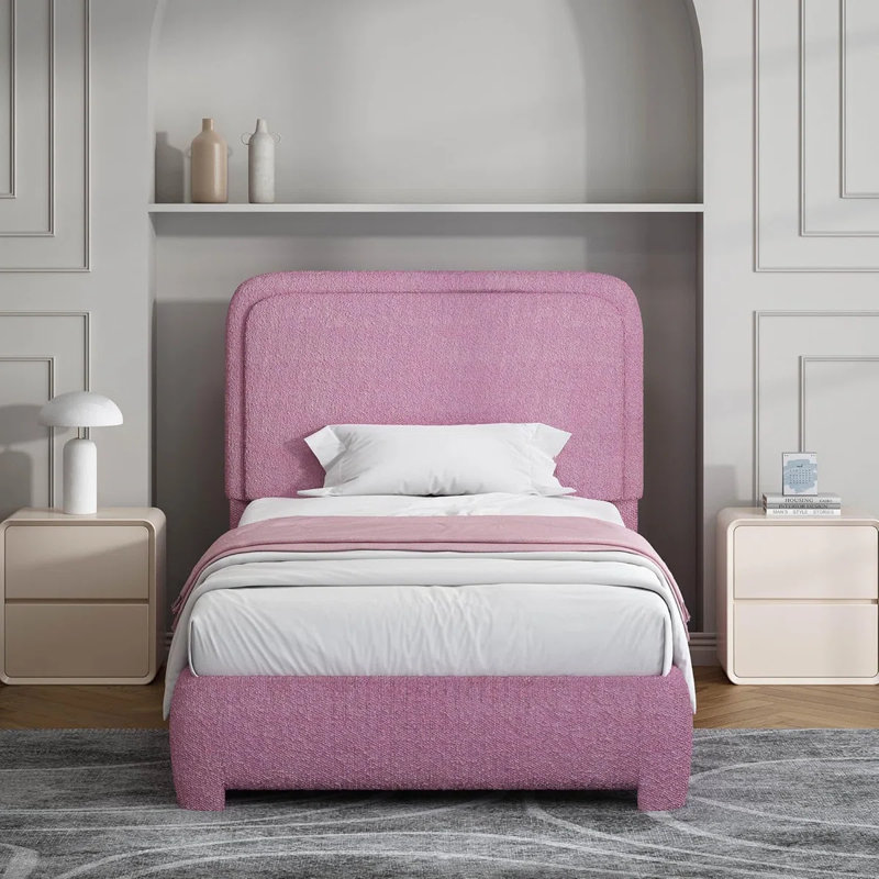 Modern Upholstered Boucle Bed with 2-Tier Farmhouse Nightstands – 2-Piece Bedroom Set, Twin, Pink