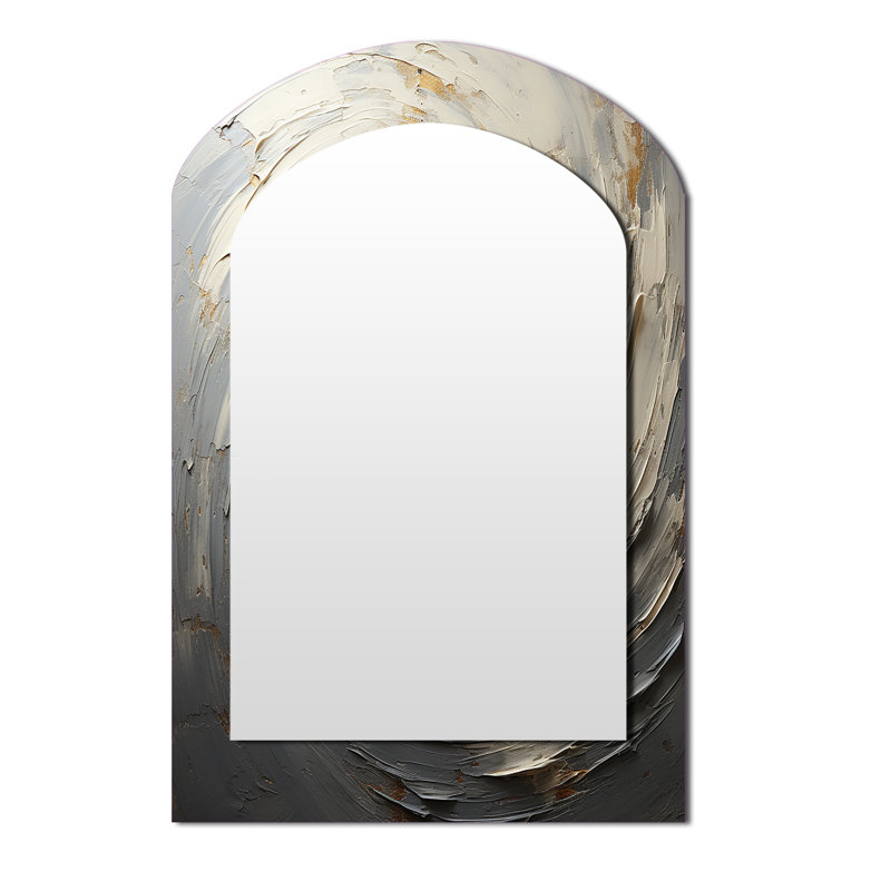 Spirales mystiques grises et dorées - grand miroir en arc en spirale abstraite, décor de miroir mural asymétrique moderne, art en métal imprimé