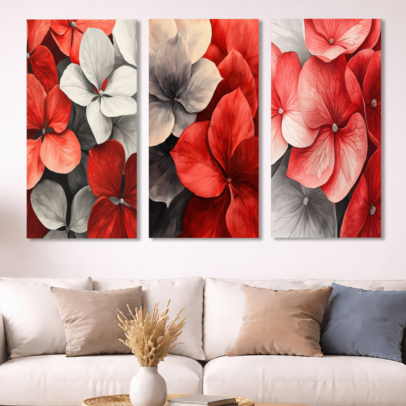 Monogramme de l'hortensia rouge pétale I - ensemble de 3 décorations murales botaniques en métal, H 40 po x l 60 po