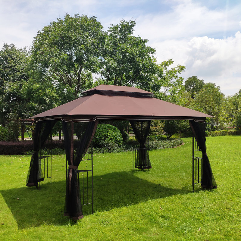 Tente de pavillon de jardin 13x10 avec double toit ventilé et moustiquaire, Brun, Brun