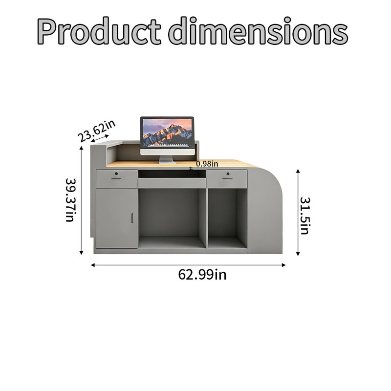 Bureau de réception avec tiroirs verrouillables, 39.37'' H X 62.99'' W X 23.62'' D, Grey
