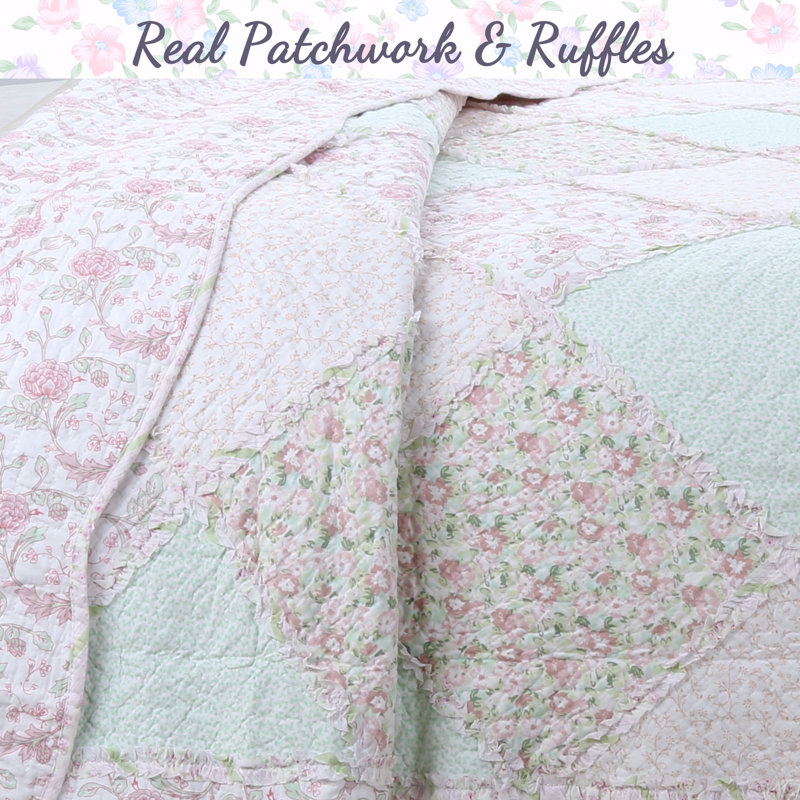 Pink Floral Cotton Reversible Queen Quilt Set