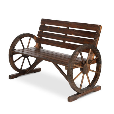 Outdoor Wagon Wheel Bench, Rustic 2-Person Seat Patio Bench W/Slatted Design And Carbonized Finish, Outdoor Patio Furniture W/550Lbs High Capacity For