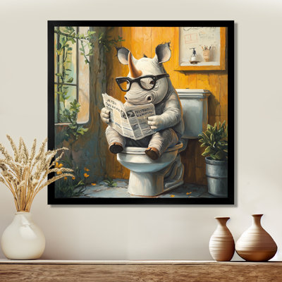 Kendrica Cute Rhino Ready Newspaper On The Toilet - rhino Wall Art