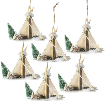 Cardboard Lit Tent Ornament  Set of 6  5" x 3.5" x 4"  Beige/Green