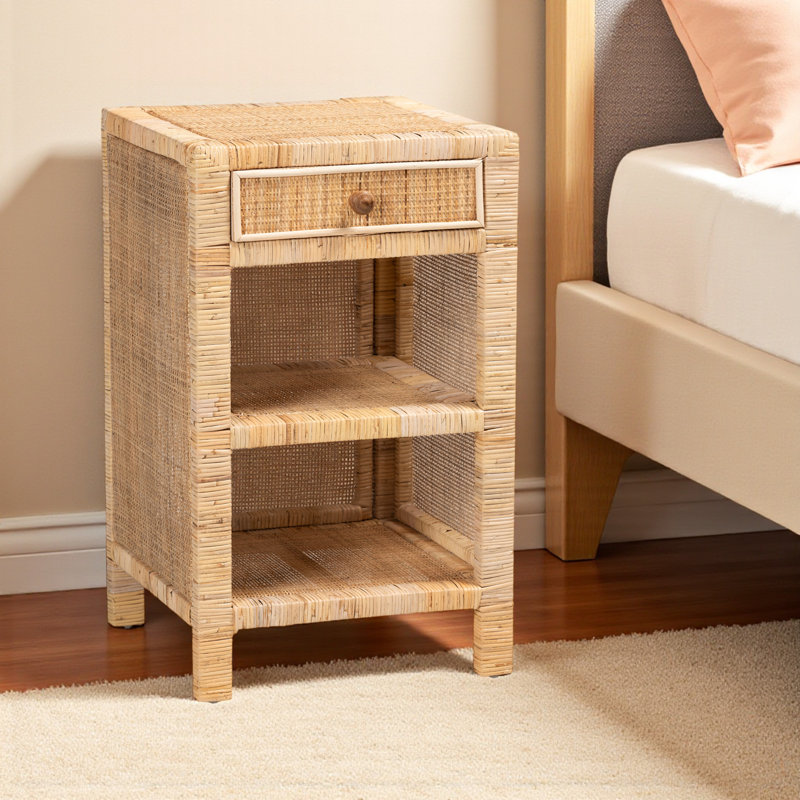 Faelyn 1-drawer Nightstand With Rattan and Mahogany Wood, Natural 29.63'' H X 18.04'' W X 18.04'' D