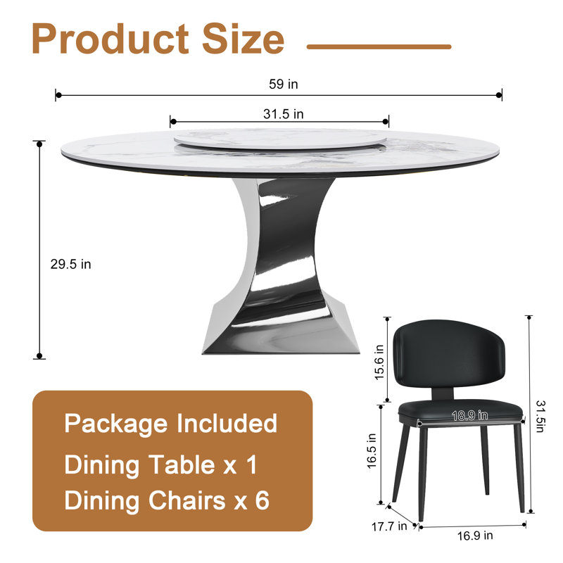 Ensemble de table de salle à manger rotatif de 59 pouces (doit inclure la table et la chaise), pierre frittée argentée, salle à manger moderne