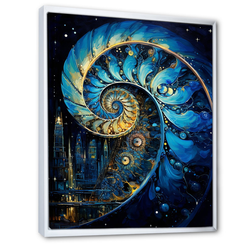Nautilus, saphir, coquillages sur toile, H 44 po x l 34 po x P 1,5 po, Cadre flottant blanc
