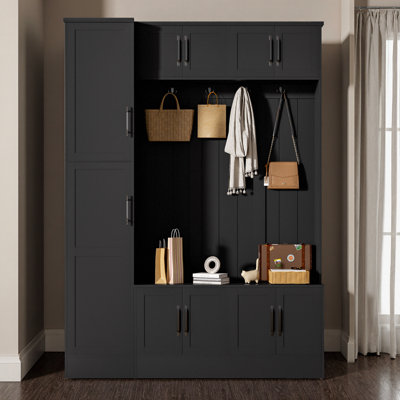 Tall Modern Hall Tree With Shoe Storage, 4-In-1 Entryway Bench, 6 Cabinets, 4 Coat Hooks & Adjustable Shelf For Efficient Organization