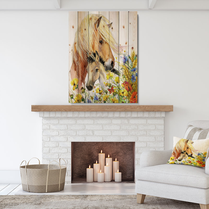 Alfaro cheval et poulain avec prairie - reproduction d'art, H 46 po x l 36 po x 1,5 po, Bois