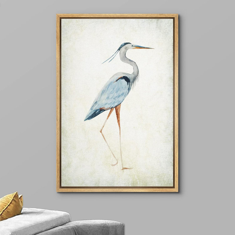 Heron sur toile tendue avec oiseaux sauvages, H 36 po x l 24 po x P 1,5 po, Cadre naturel flottant