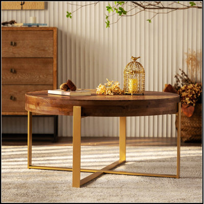 Modern Retro Splicing Round Coffee Table with Fir Wood Top and Gold Cross Legs, Perfect for Compact Spaces and Elegant Decor.