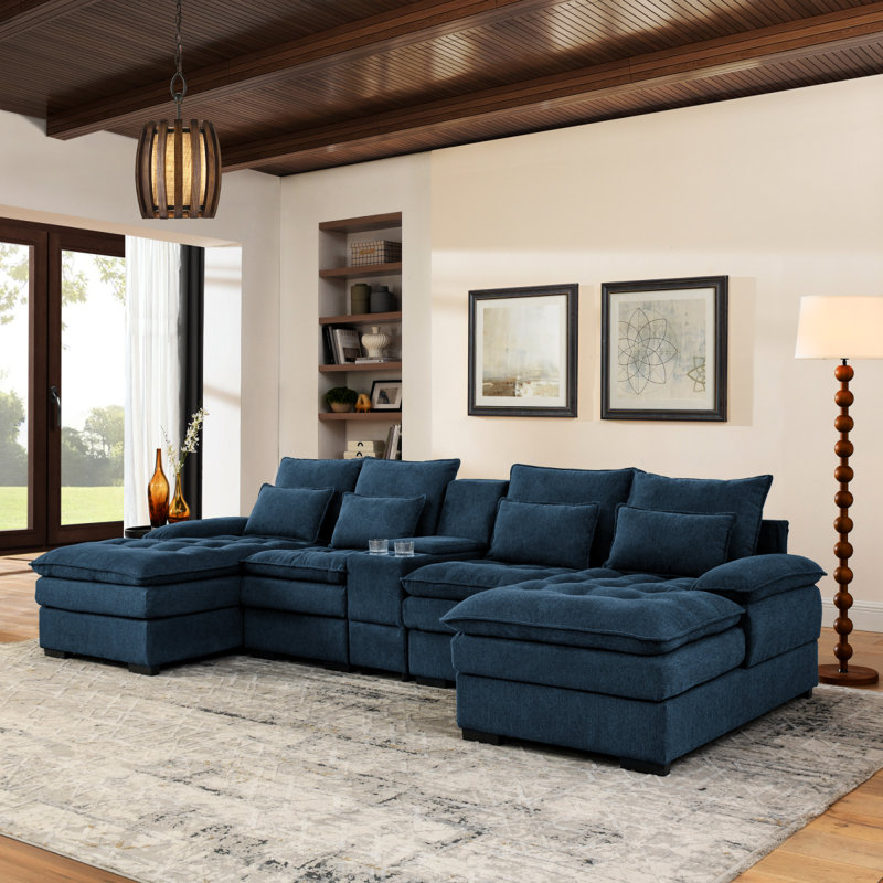 130"  U-Shaped Sofa With Console,Cupholders,6-Seat Upholstered Primary Living Space Furniture,Sleeper Couch Set With Chaise For Living Room,Apartment, (Blue)