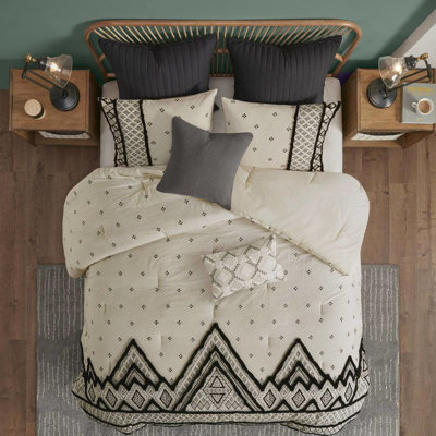 Ensemble de courtepointe 3 pièces en lin et coton - double / grand, imprimé à losanges noirs avec bordure texturée en chenille pour un élégant édredon élégant et chaleureux