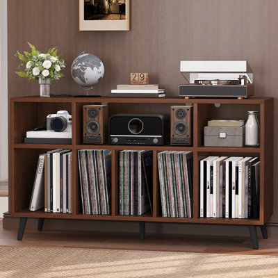 42" W Vinyl Record Storage Cabinet with Charging Station，8-Cubby Turntable Cabinet