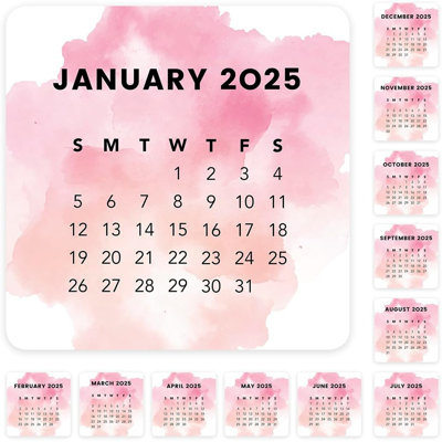 Aquarelle rose corail petit mois planificateur étiquettes mini carré 24 pour 2025 12 pour 2026 calendrier 4 notes