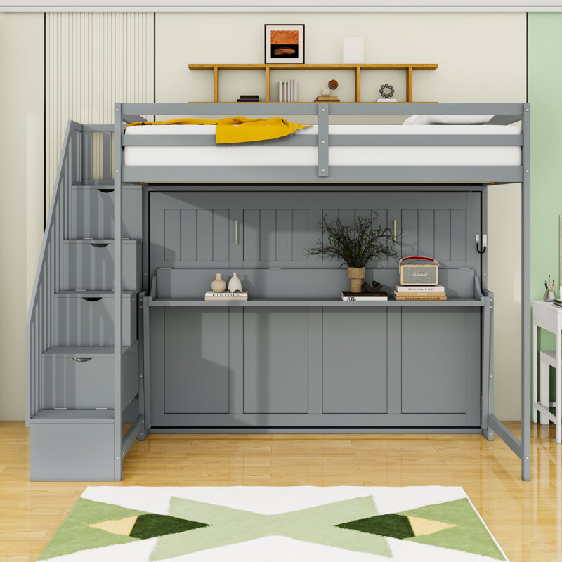 Full Over Full Murphy And Loft Bed Combination With Hydraulic System And Hidden Desk, Gray