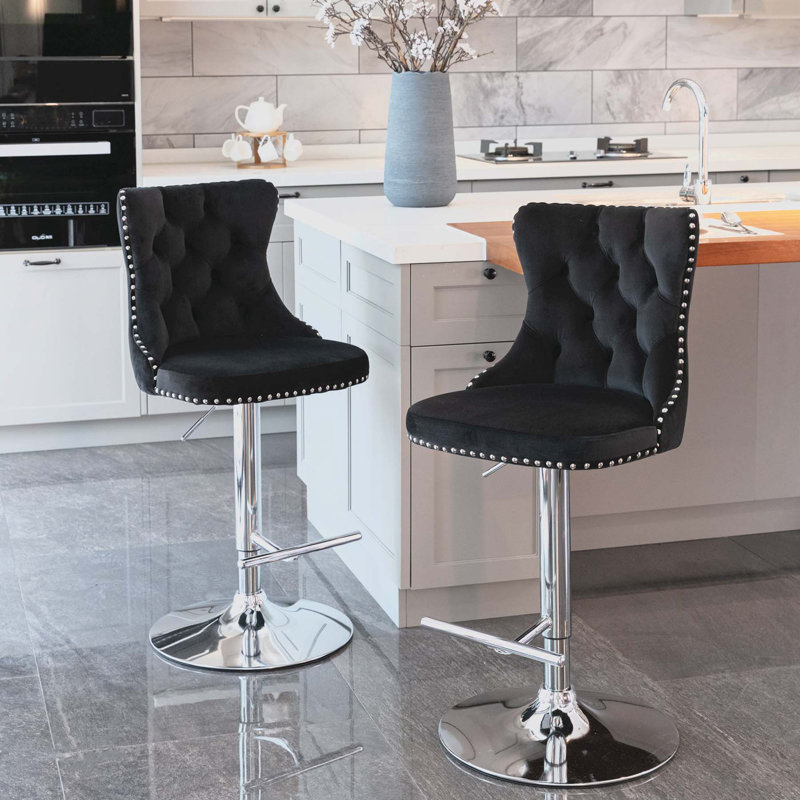 Tabourets de bar pivotants en velours, 2, Argent argent, Noir, noir, noir, noir