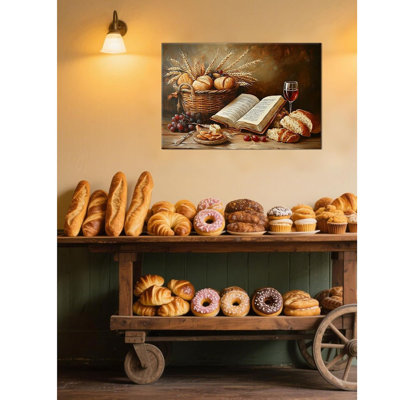 Christian Bread Wine Wall Art Rustic Food Painting Bible Verse Canvas Print Picture Poster Farmhouse Kitchen Decor For Dining Room Ready To Hang(16"X24")