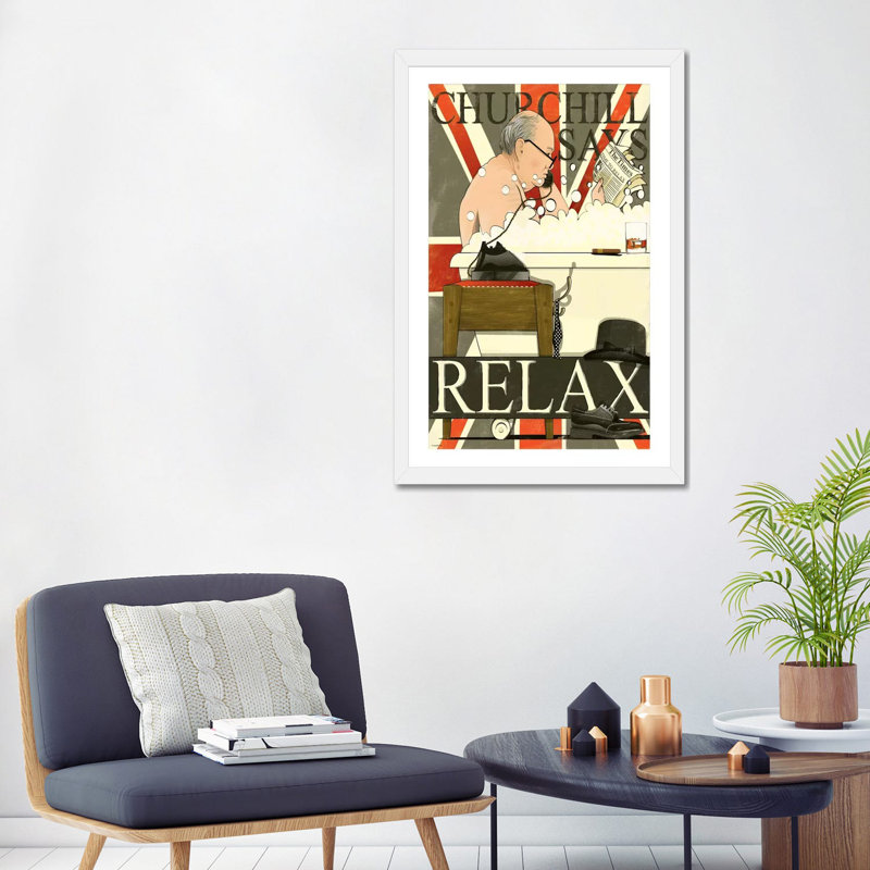 Churchill in the Bath - impression d'art graphique, Blanc, Papier encadré blanc, H 32 po x l 24 po x P 1 po