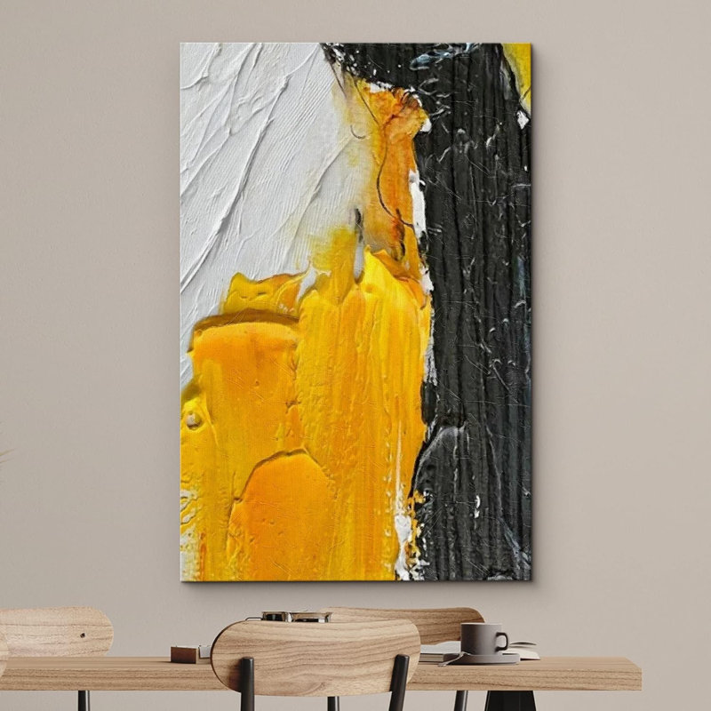 Peinture abstraite grunge, effet de coup de pinceau jaune, noir, blanc, paysage, formes abstraites, illustrations, art moderne, décor minimal
