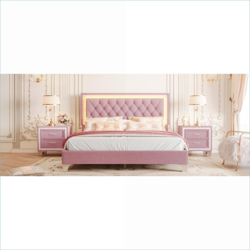 Ensemble de chambre à coucher | Grand lit plateforme 3 pièces avec 2 tables de chevet modernes à DEL, rose, pour chambre à coucher | Rose | Velours