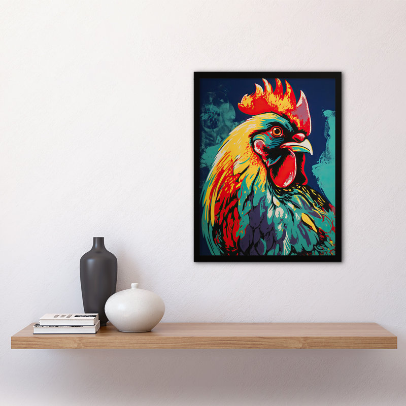 Ishilde Cockerel Rooster Chicken Hen Red Yellow Turquoise Vibrant - Single Picture Frame Print