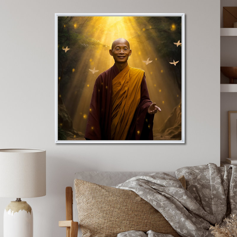«Buddhist Monk Enlightment», reproduction sur toile, Cadre flottant blanc, H 16 po x l 16 po x P 1 po