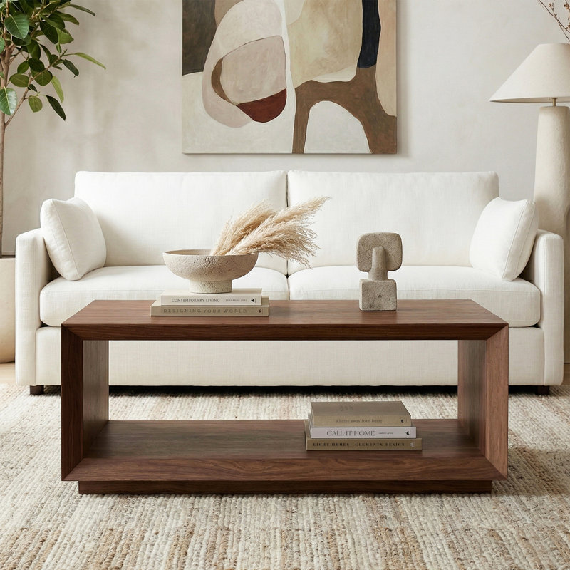 Table basse de 47,5 po de large avec tablette inférieure ouverte - Table de centre scandinave en bois de noyer satiné pour le salon | Evie