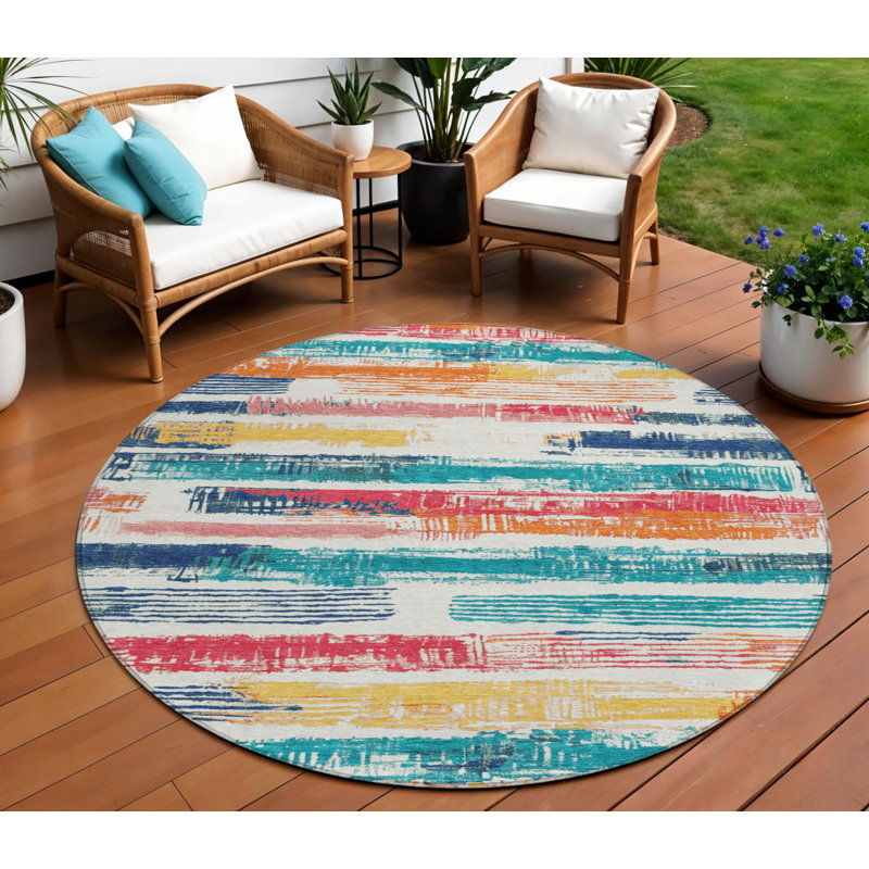 Tapis extérieur lavable rayé ivoire bleu sarcelle et orange 8 pi