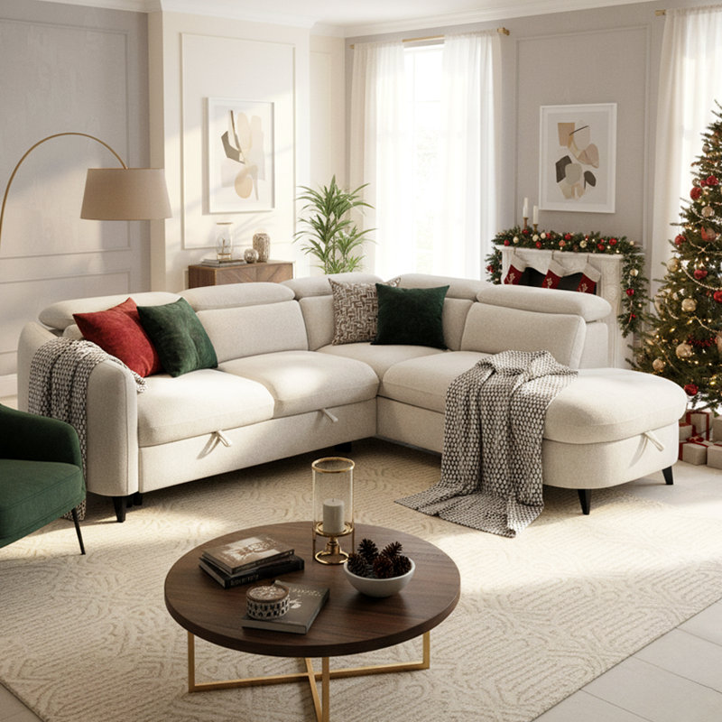 Ragio Sectional Sofa Bed Sleeper Sofa With Storage Chaise, Beige Fabric