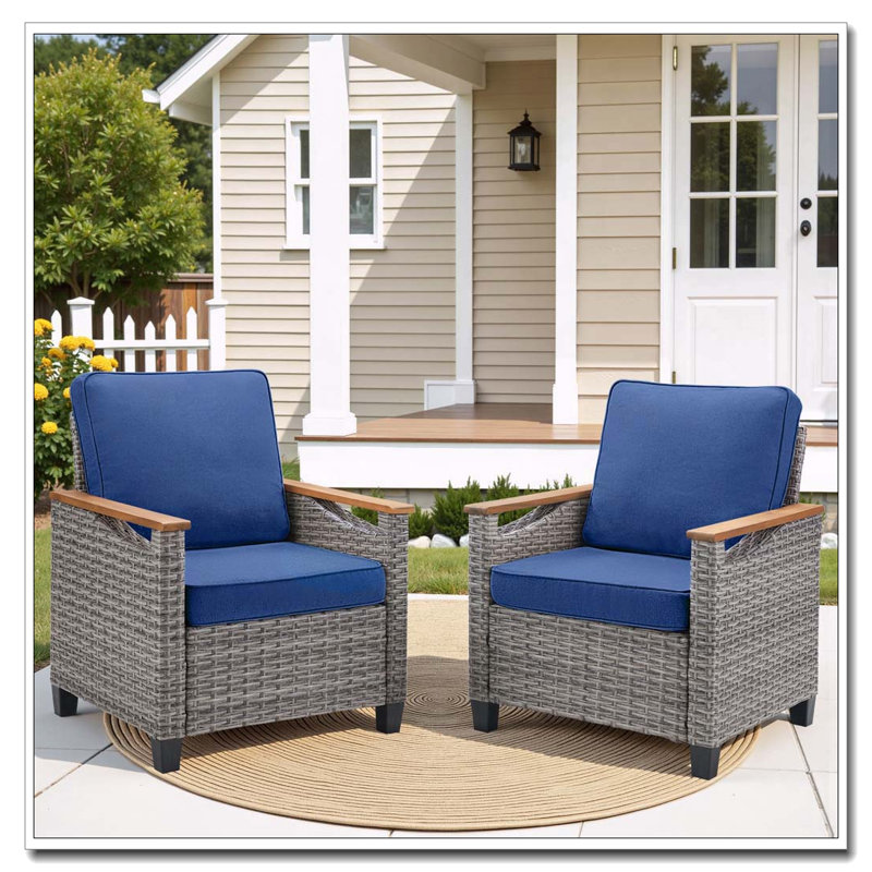 Ensemble de 2 chaises longues en osier gris avec accoudoirs ergonomiques et 4 coussins, Bleu
