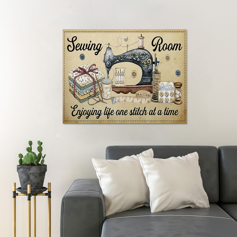 Machine à coudre sur fond brun - «Enjoying Life One Stitch At A Time» - 1 pièce, impression d'art graphique rectangulaire sur toile tendue