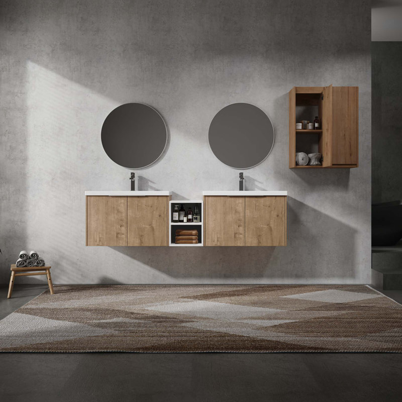 Meuble-lavabo mural avec lavabo et armoire latérale, 2 armoires combinées, 71"