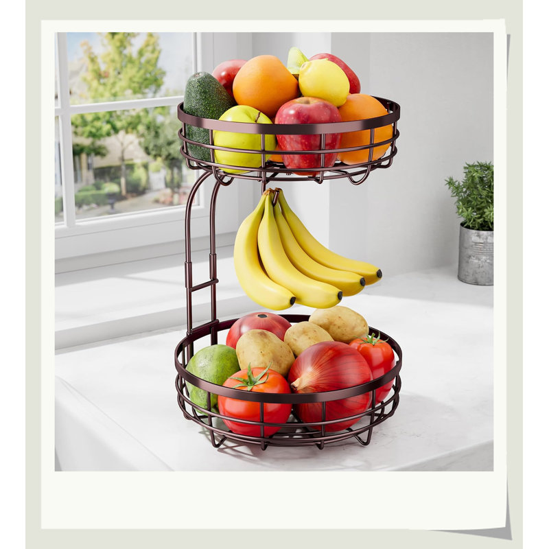 Panier à fruits à 2 niveaux en métal avec support à banane amovible, rangement pour comptoir de cuisine résistant à la rouille