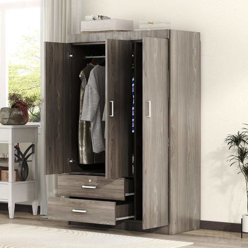 Armoire 3 portes avec 2 tiroirs, effet grain de bois gris